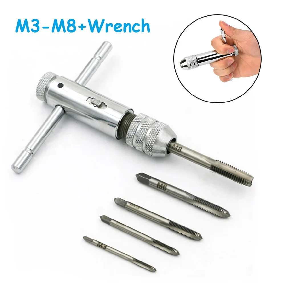 

M3-M8 Thread Tap Holder Wrench Adjustable Silver T-Handle Ratchet Tap Machine Screw Thread Metric Plug T-shaped Tap