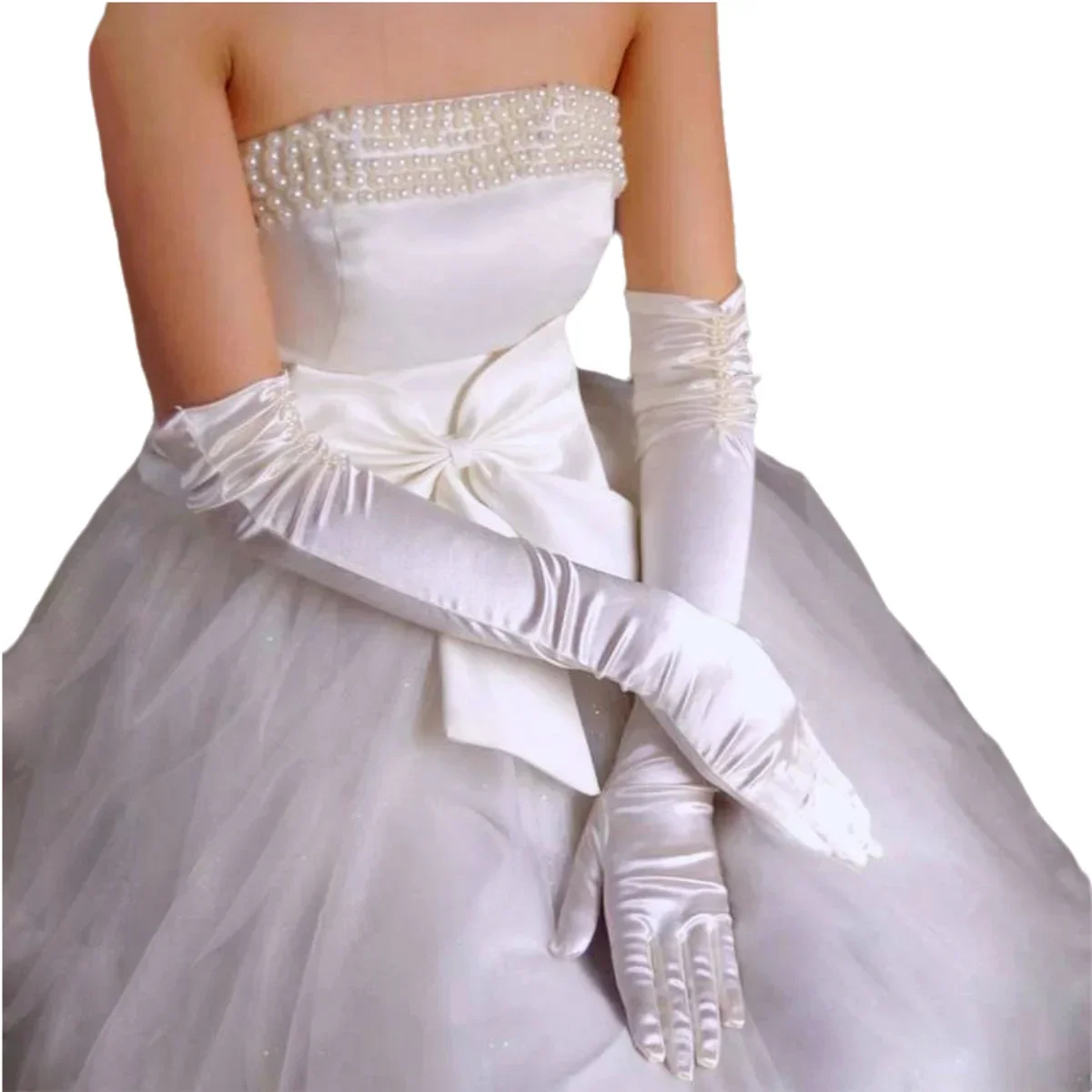 

Длинные атласные перчатки до локтя Перчатки с жемчугом Оперные перчатки для женщин