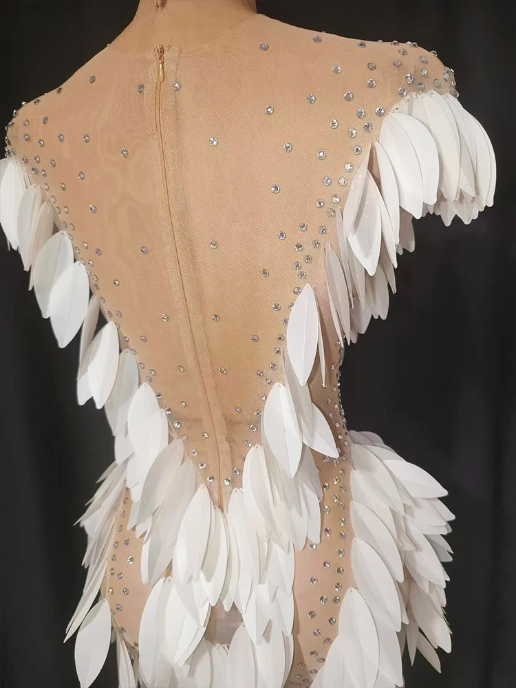 Sparkly Rhinestone 3D White Plastic Feather Shape Split Dress Trailing Sexy Mesh See Transparent Birthday Party Celebrate Show view 5