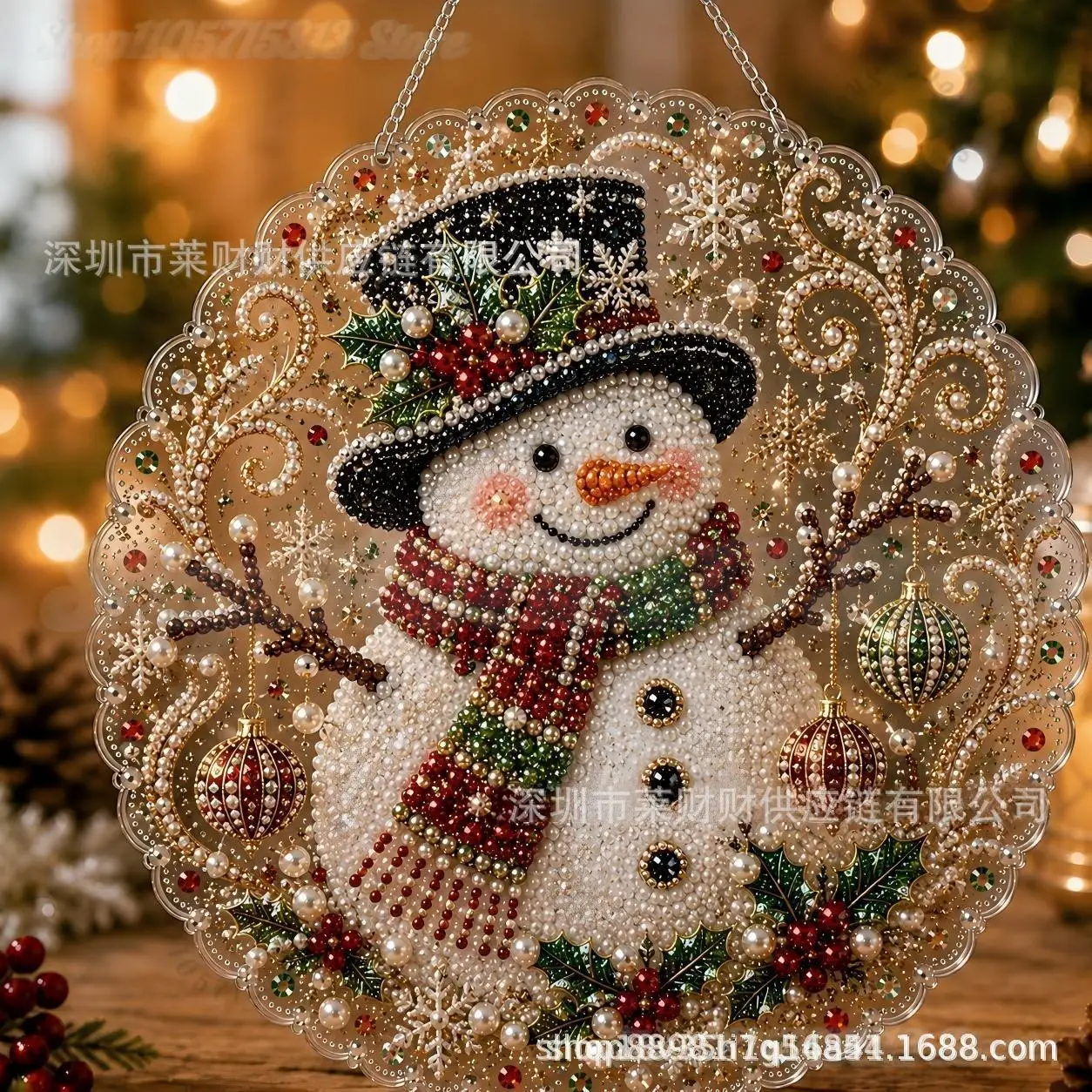 Christmas Pearl Diamond Hanging Ornament Round Xmas Tree Window Wall Decor Ready To Hang Farmhouse Holiday Party Gift