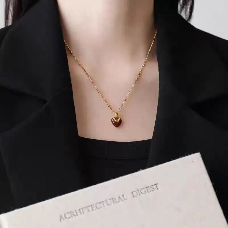 Sweet Cute Gold Color Stainless Steel Red Heart-shaped Pendant Necklace Stud Earrings for Woman Jewelry New Year Christmas Gifts