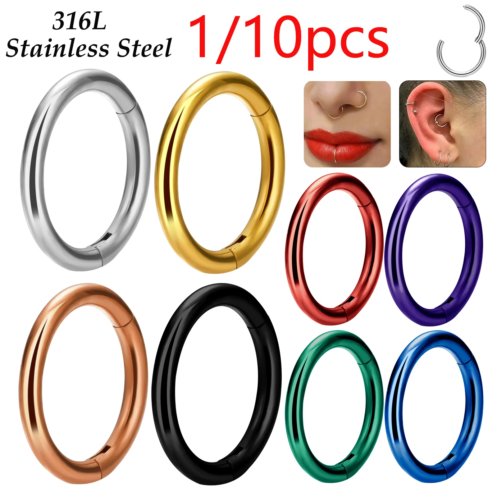 

1/10pcs 316L Stainless Steel Piercing Septum Nose Hoop Cartilage Tragus Helix Earring Segment Clicker Body Piercing Jewelry