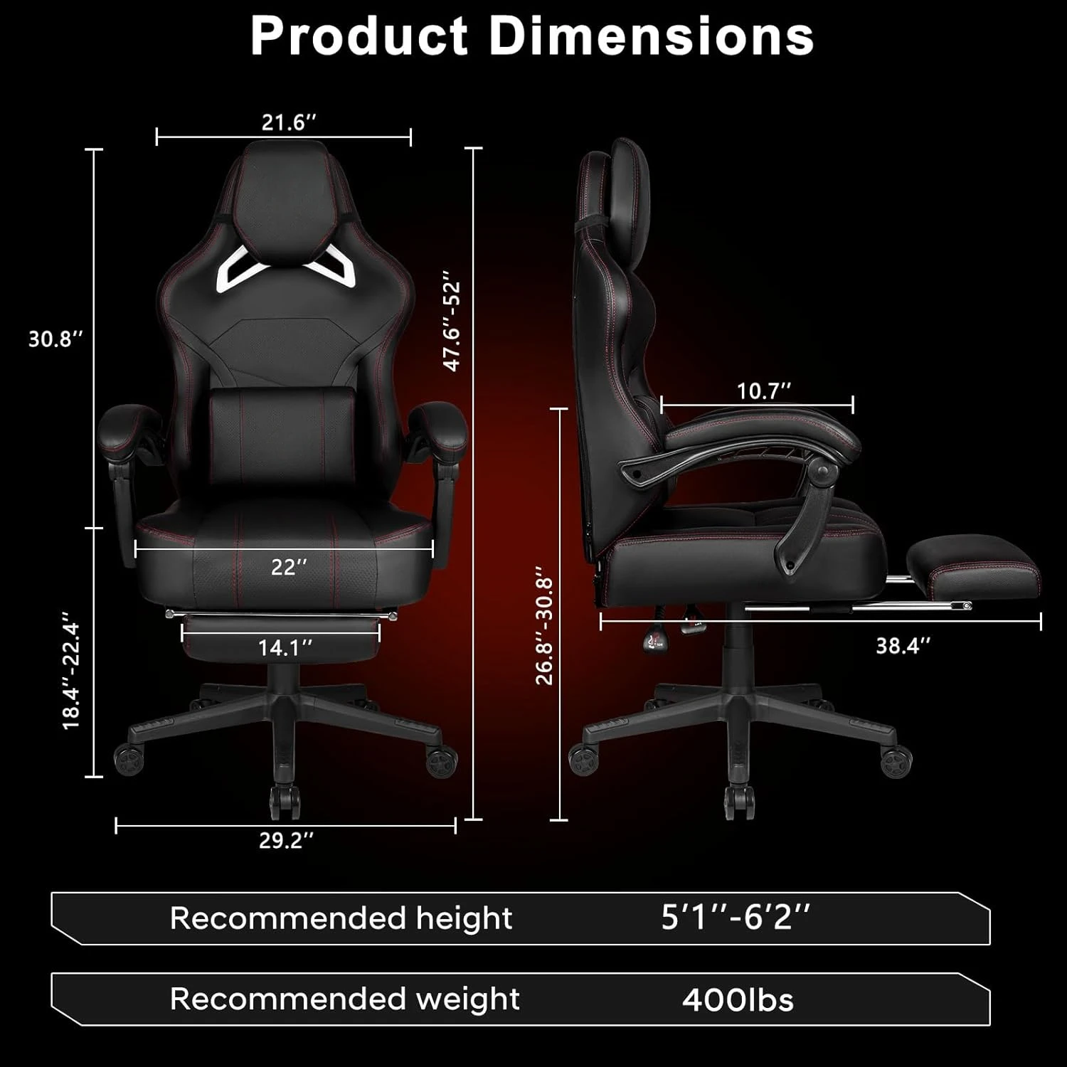 Cadeira ergonômica de videogame para adultos com encosto de cabeça grande e travesseiro lombar, cadeira de computador para jogos para escritório (preto + vermelho)