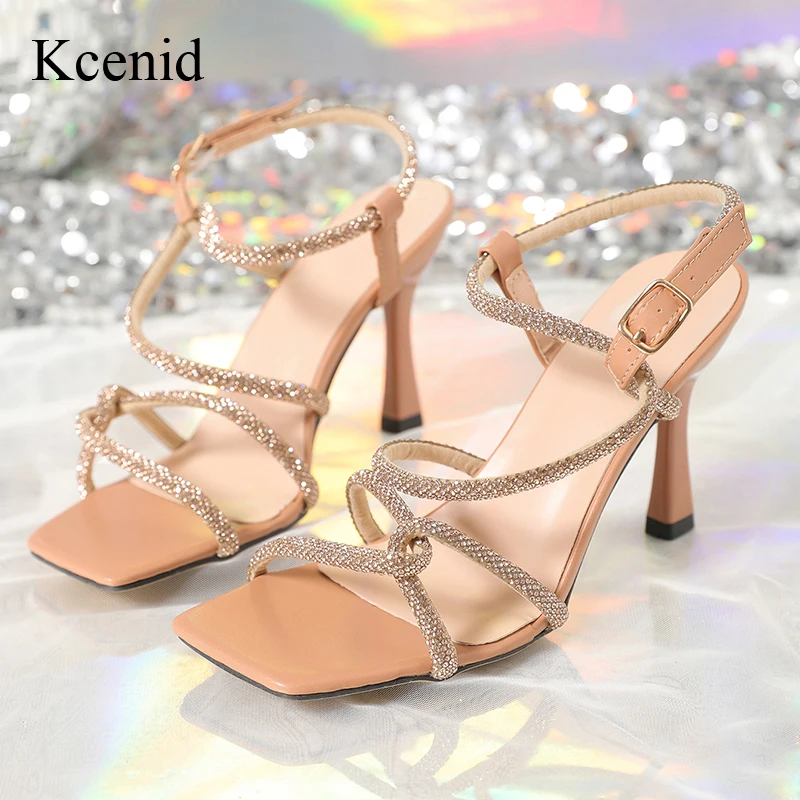 Kcenid Summer Sandals High Heels Sexy Crystal Rhinestone Narrow Band Sandals Women Square Toe Party Wedding Shoes Size 36-42