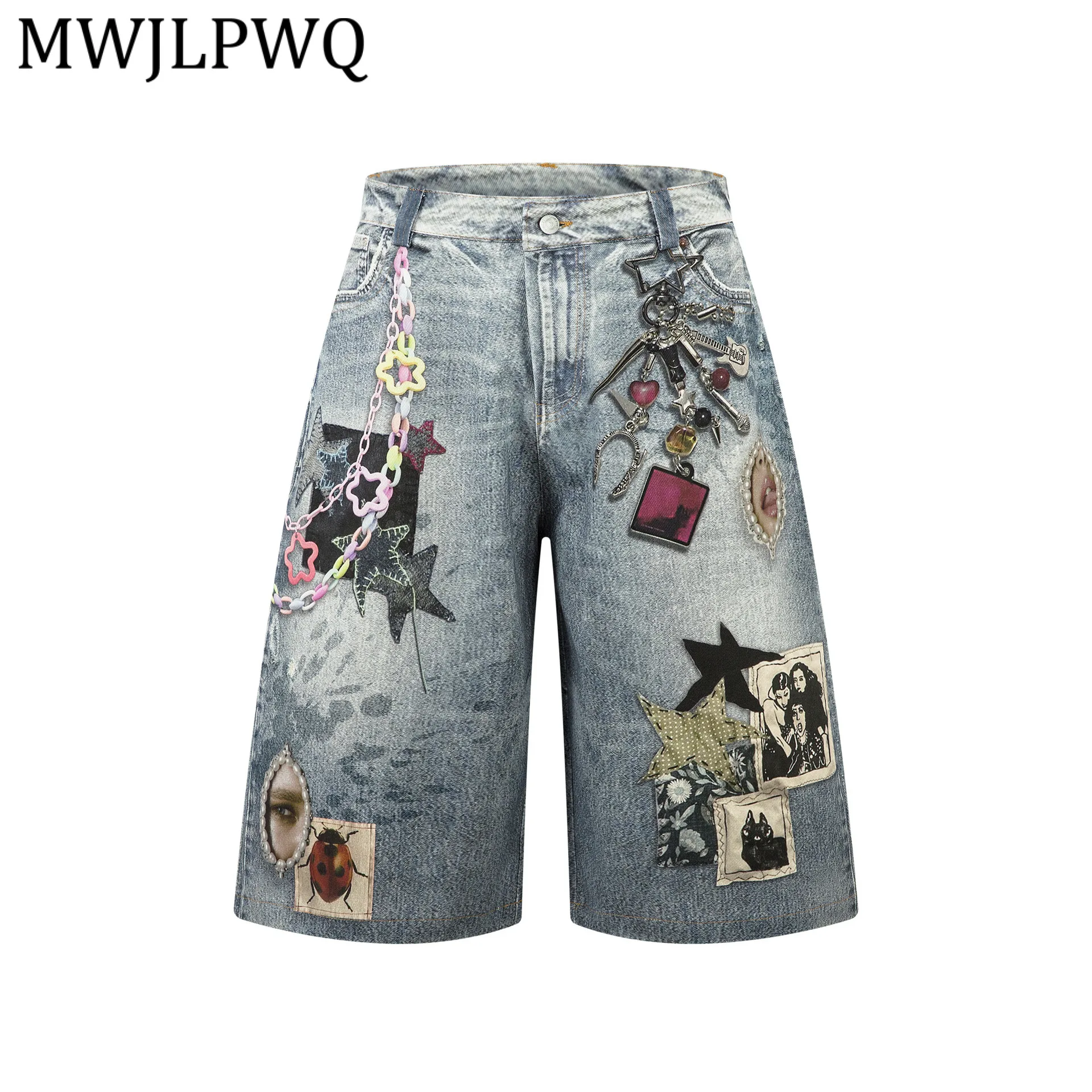 

Мужские джинсовые шорты MWJLPWQ с американским принтом, плотные, свободного кроя, в стиле High Street, модные, летние, хип-хоп, новинка весны 2026, модель 14669