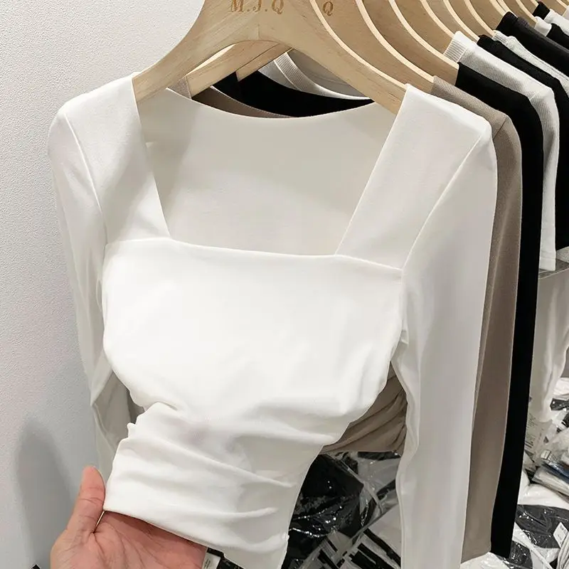 Elegant Fashion Harajuku Slim Fit Female Clothes Loose Casual Sweat All Match Tops Women Solid Square Neck Long Sleeve Tshirts