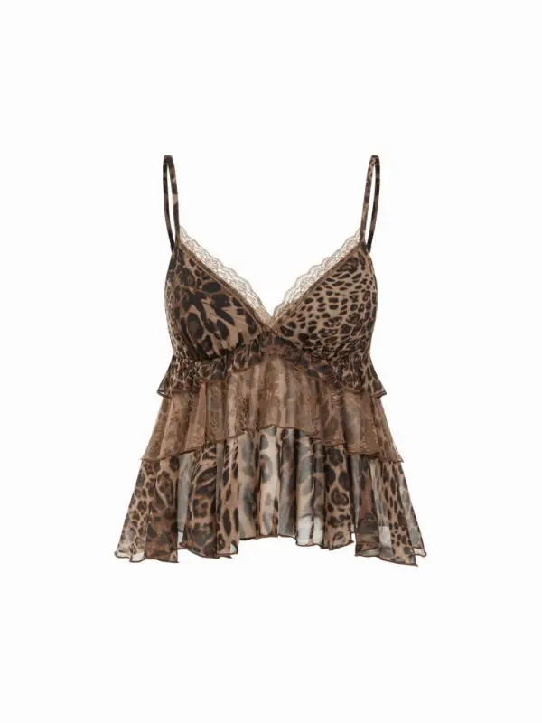 Modische Sexy Schlanke Pure Desire Damen-Weste Y2K Amerikanischer Retro-Leopardenprint Trägerhemd mit V-Ausschnitt und Doppellagiger Rüschenkante – Detail 23