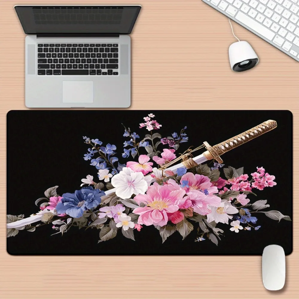 

Japanese Katana Floral Extended Mouse Pad, Samurai Sword Large Desk Mat, Aesthetic Office Gaming Decor