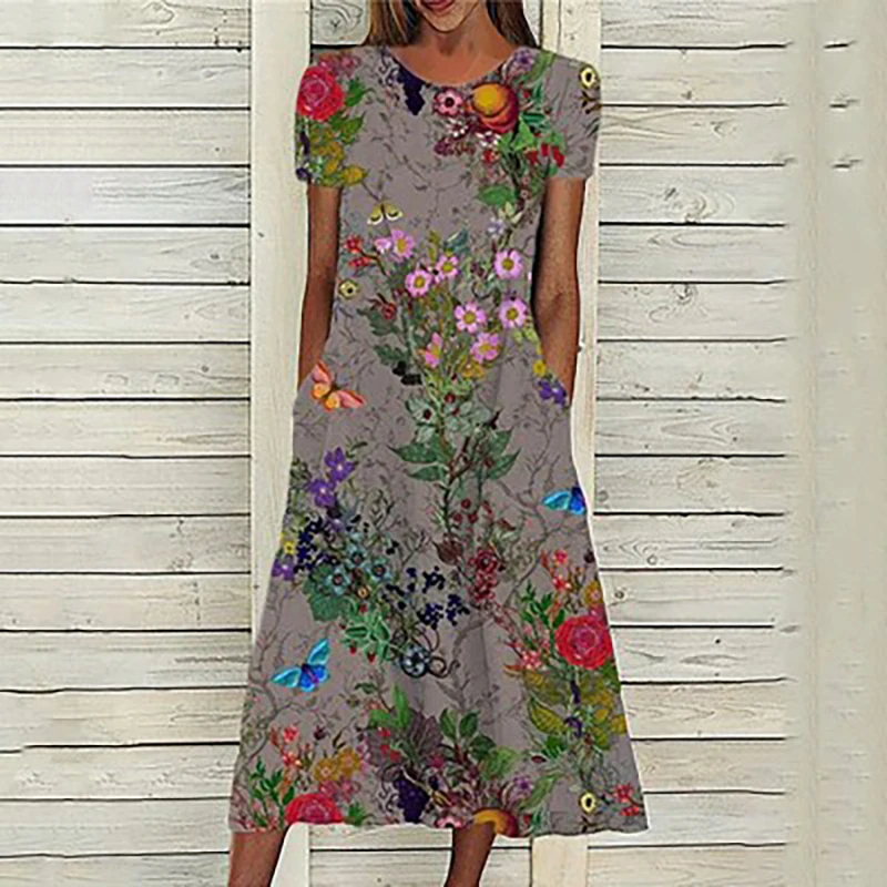 

Vintage Women's Bohemian Long Dress Elegant Short Sleeve Round Neck Flower Ink Printed Loose Summer Casual Dress