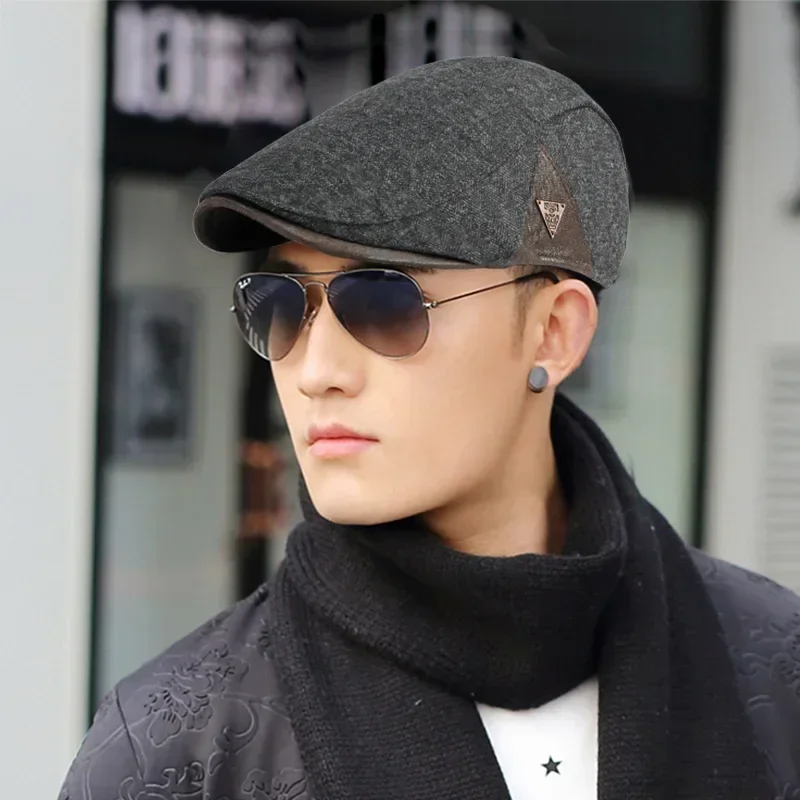 Thicken Woolen Beret Men Hat Autumn Winter Warmer Duckbill Newsboy Cap Herringbone Middle-aged Men's Flat Peaked Caps For Dad