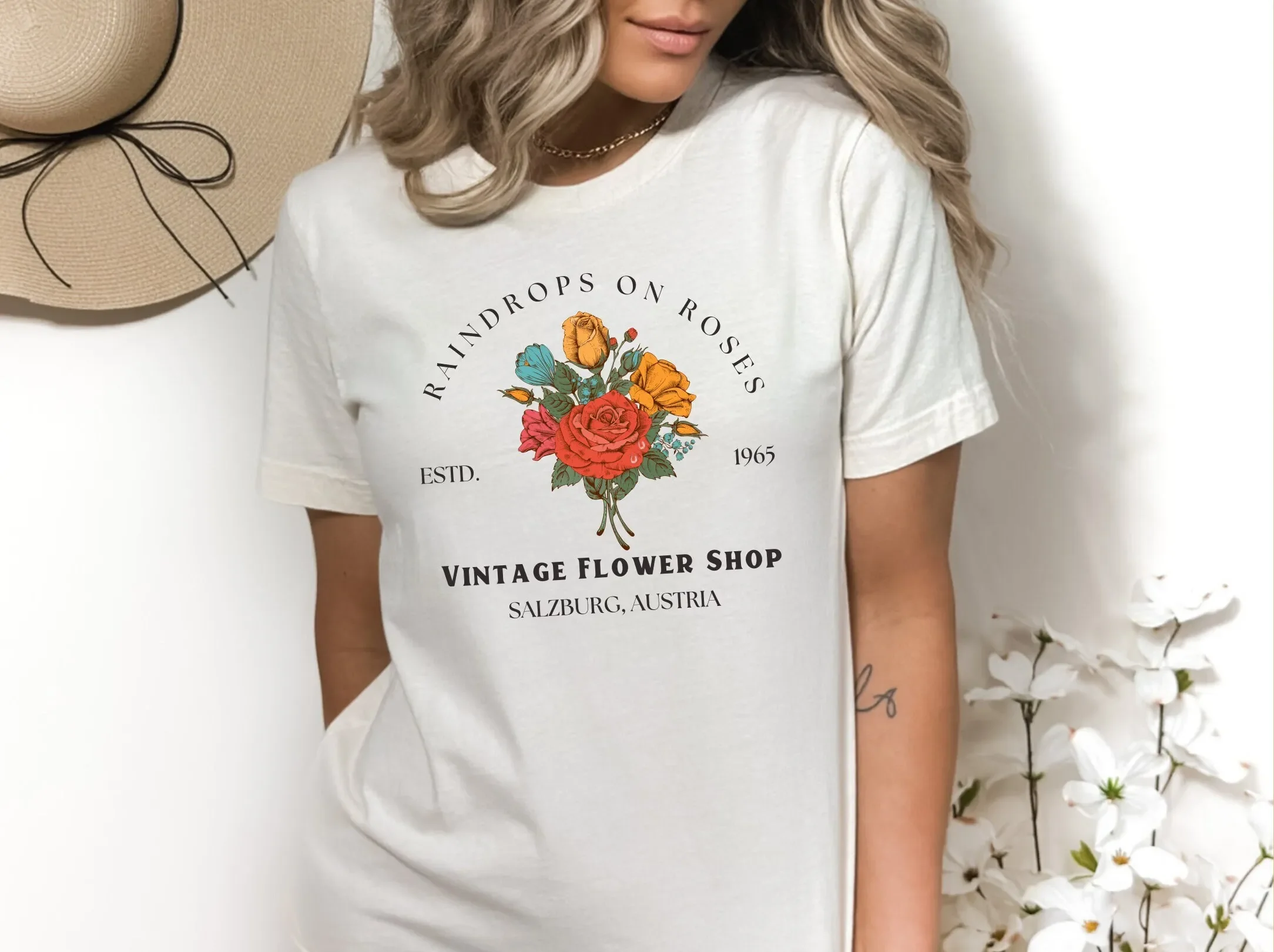 Camiseta con sonido de música, mis cosas favoritas, canción, gotas de lluvia en rosas, Salzburg, Austria, nostalgia botánica Vintage