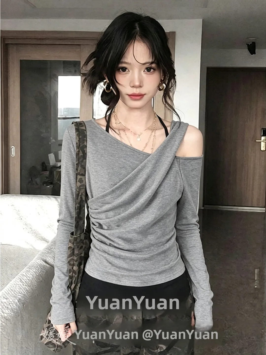 Gentle First Love Korean Style Pure Desire Shoulder Bared Long Sleeve T-Shirt Women's Fashion Autumn New Design Slimming Top