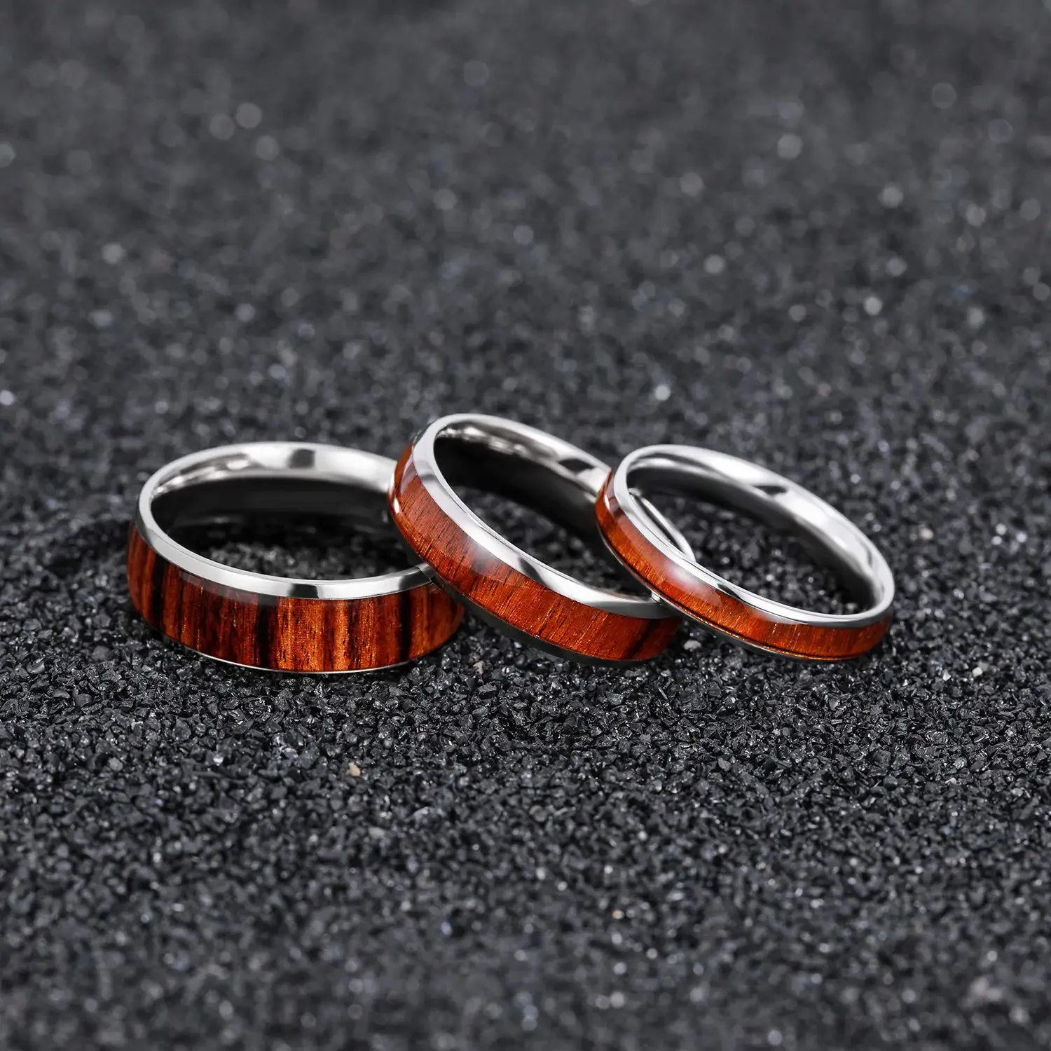 Fashion 8mm Men Stainless Steel Ring Brown Koa Wood Inlay High Polished Siver Color Wedding Band Ring for Men Women Wholesale