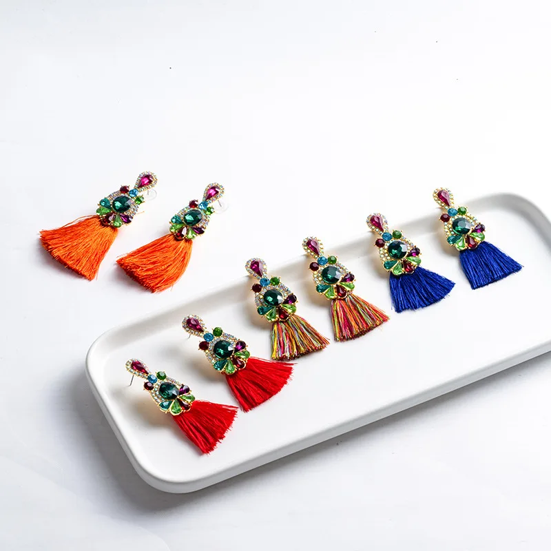 Fashion colored diamond alloy diamond set big brand crystal fringed earrings retro bohemian ethnic earrings wholesale
