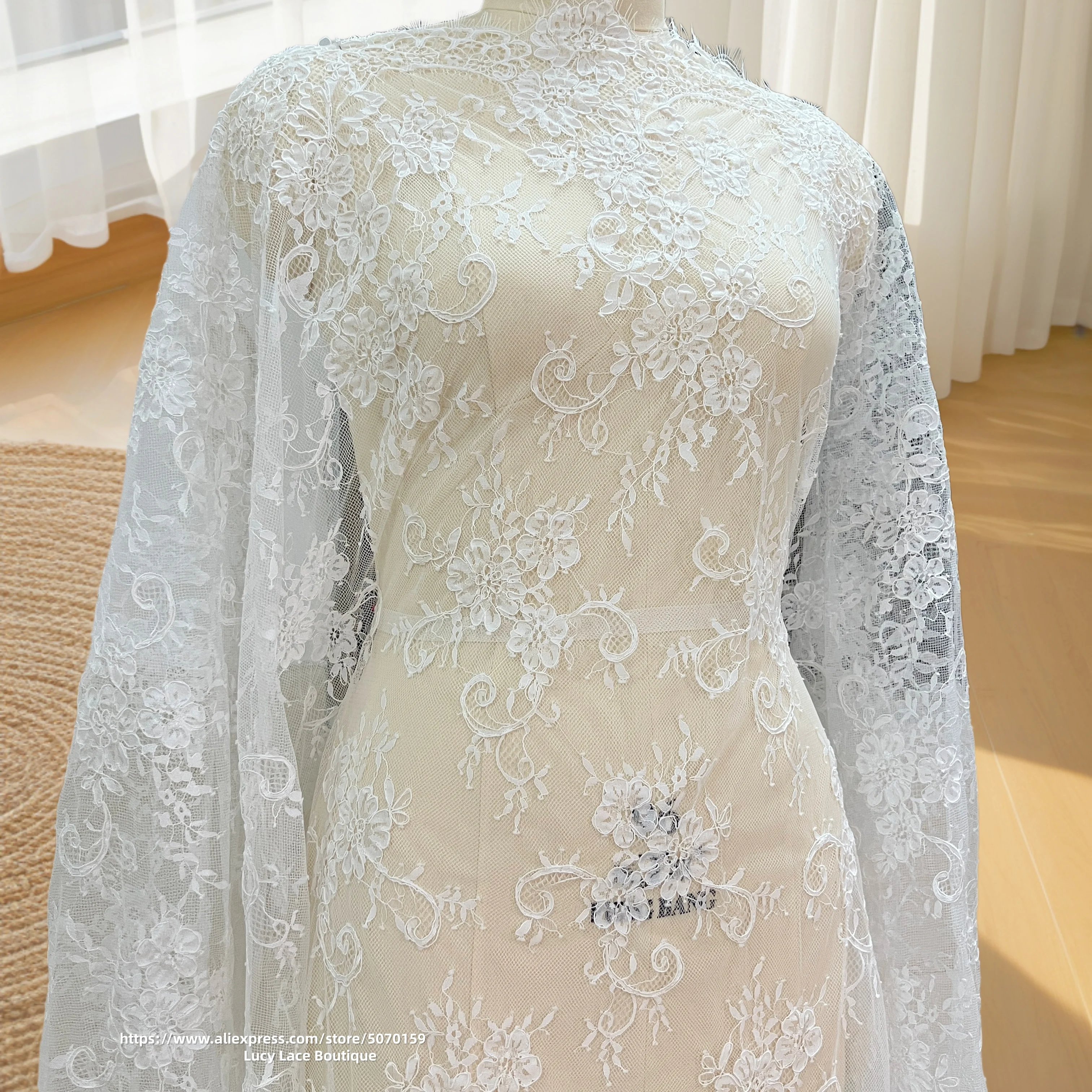 150CM Wide Pure White Lace Fabric White Dress Lace Material Handmade Cording Eyelash Lace Top Quality 3 Meters Long 2023