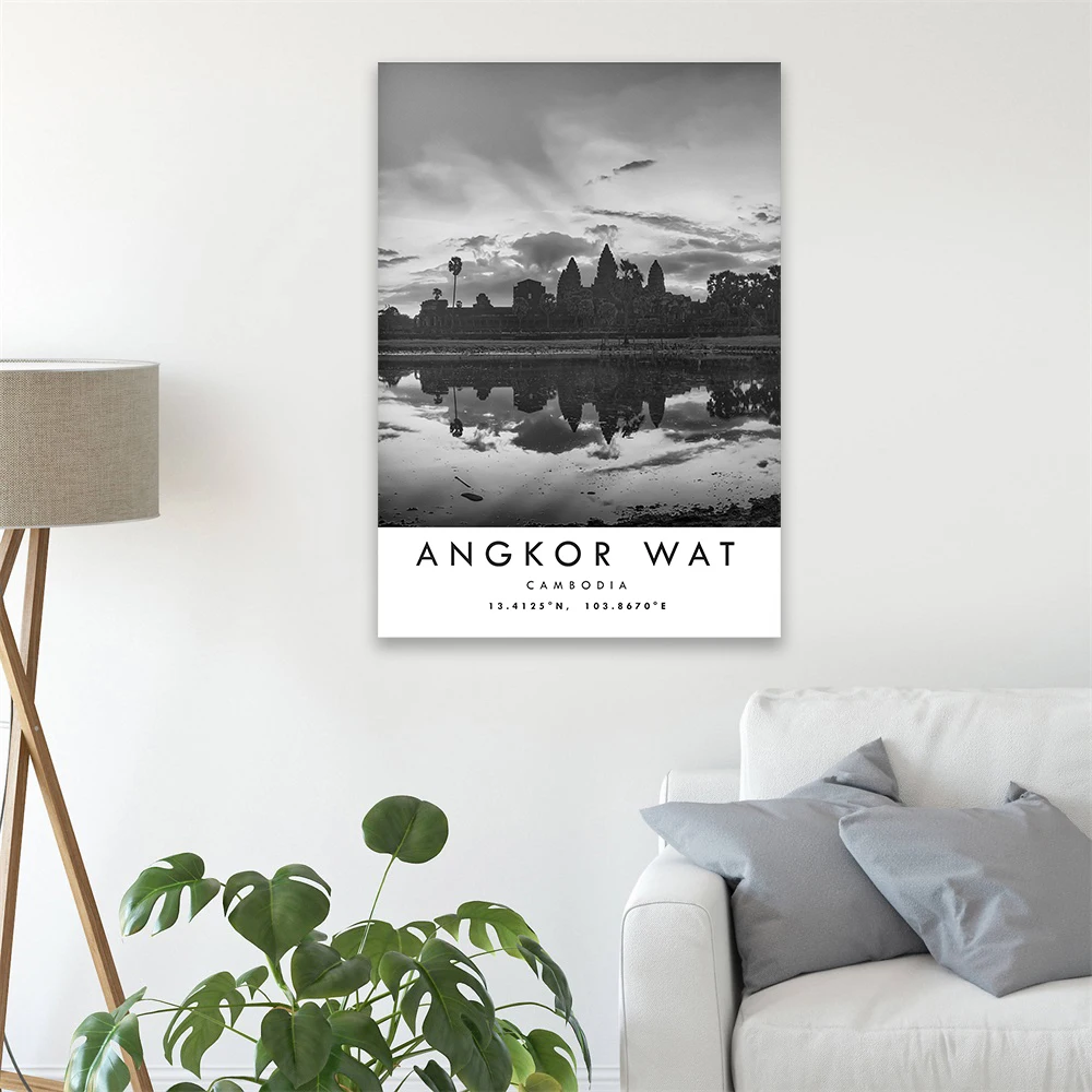 Angkor Wat Travel Print Kambodscha Poster Schwarz-Weiß-Druck Koordinaten Minimalistische Heimdekoration Wahrzeichen der Stadt Drucke