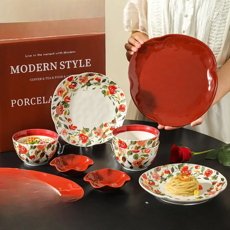 Newlyweds tableware, red bowls and dishes set, home engagement wedding gift box for newlyweds