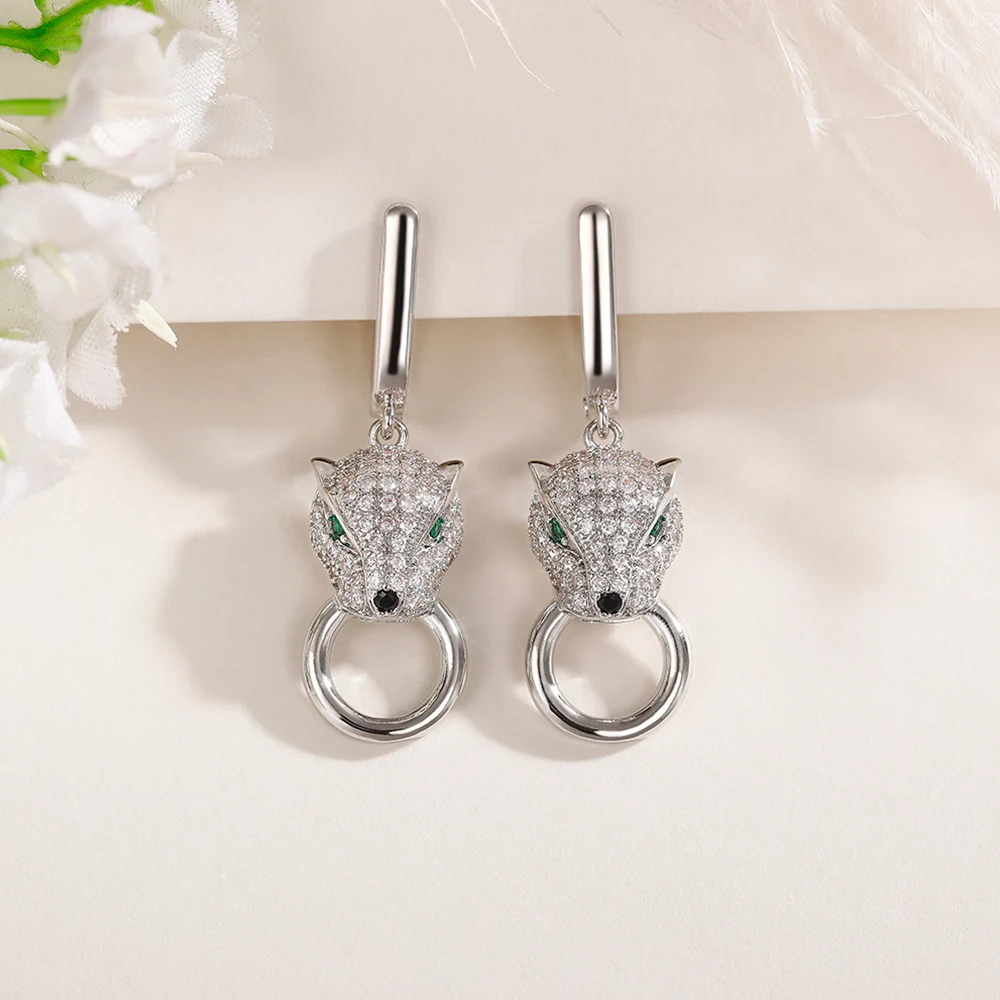 Huitan Hip Hop Green Eyes Leopard Earrings for Women Luxury Silver Color Full Paved CZ Personality Lady Accessories Rock Jewelry view 4