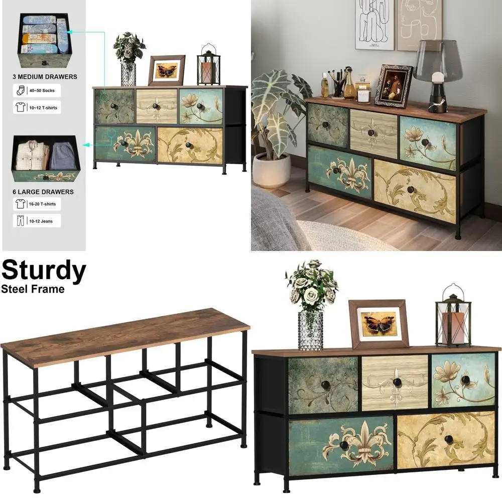 

Retro Floral 5-Drawer Wooden Top Dresser for Bedroom, Closet, Nursery, and Living Room