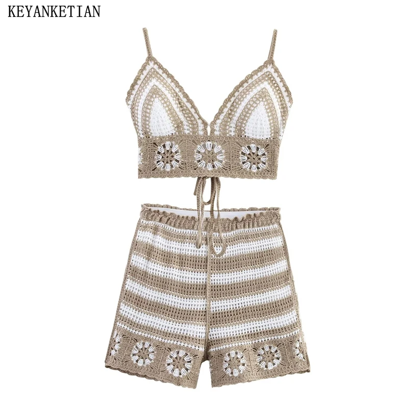 

KEYANKETIAN 2025 Summer New Women's Hollow out Embroidery Lace Up Knit Corset Crop Vest Hot Shorts Holiday wind Two-Piece Set