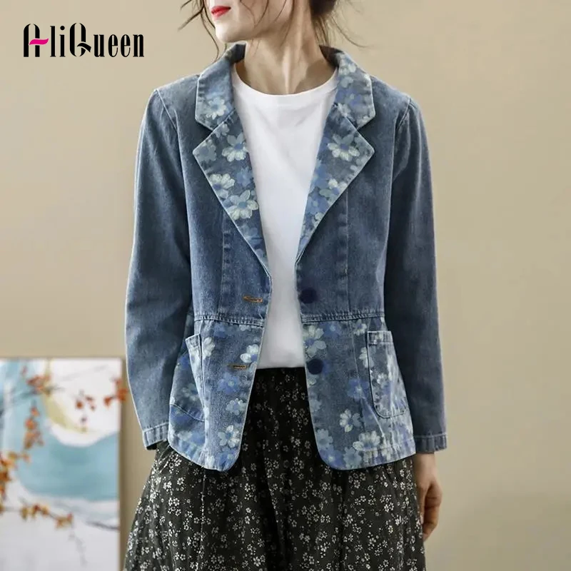 

Vintage Female Floral Print Noched Blazer Denim Jacket Chaquetas Mujer Blue Black Outerwear Woman Jean Coats and Jackets Women