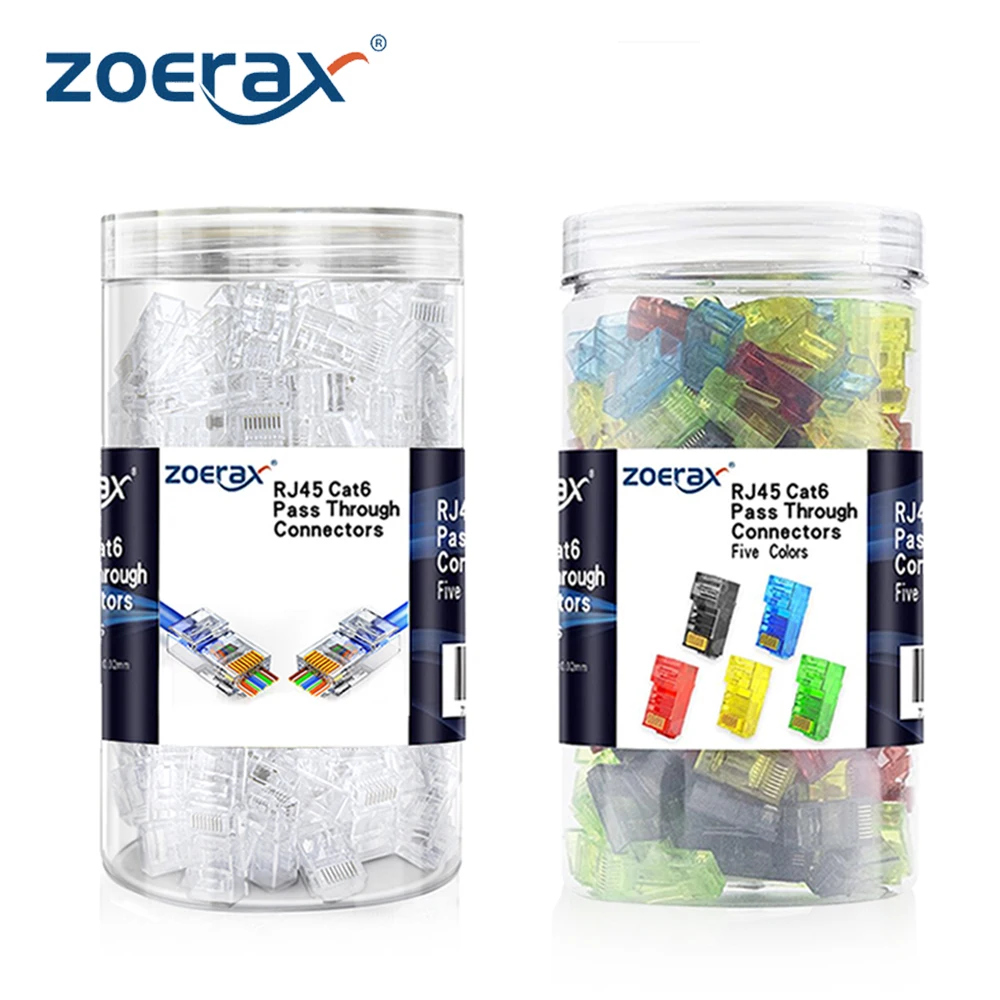 ZoeRax 200/100/50PCS RJ45 Cat6 Pass Through Connector RJ45 Modular Plugs 1.1mm Hole for Solid or Stranded FTP/STP Cable