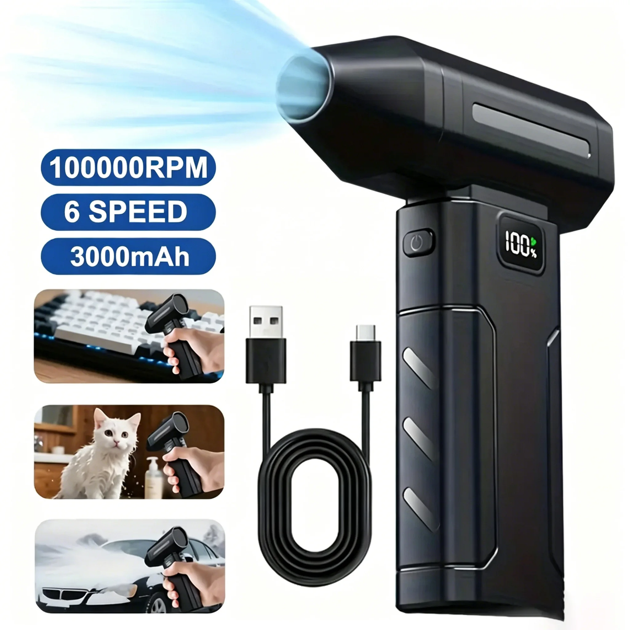 Compressed Air Duster, Air Duster Blower, 6000mAh Personal Cooling 100, 000RPM Ultra-Powerful Cordless Electric Air Duster With 2600mAh Rechargeable Battery, 6-Gear AdjustableAir Fan For Keyboard, Computer, Car, Home Cleaning