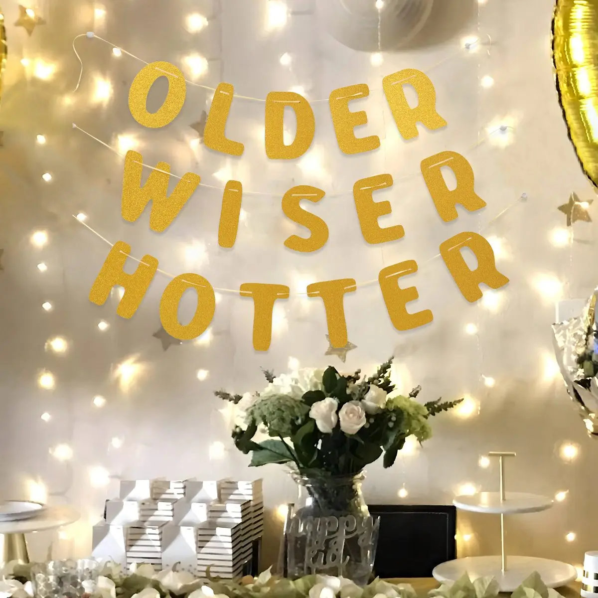 Happy Birthday Hanging Flag Banner Older Wiser Hotter Gold Flag Bunting Garland Banner Birthday Party Decor Adults Party Supplie