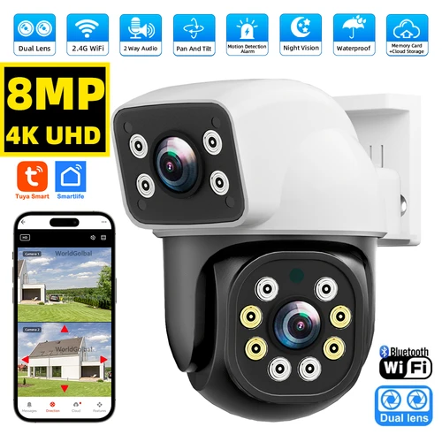 Tuya 8MP 4K WIFI cámara IP PTZ lente Dual pantalla Dual detección de movimiento a todo Color noche cámara de vigilancia de seguridad exterior Tuya
