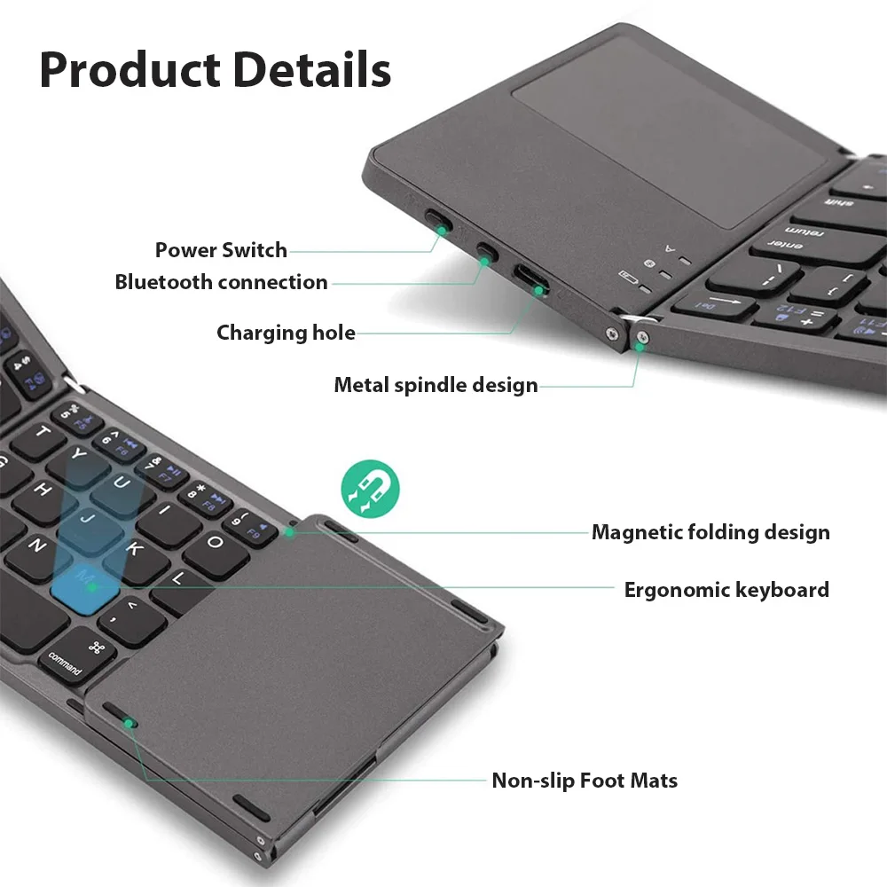 Foldable Bluetooth Keyboard with Touchpad Portable Wireless Folding Keyboard for Phone Laptop Tablet Rechargeable Mini Keyboard