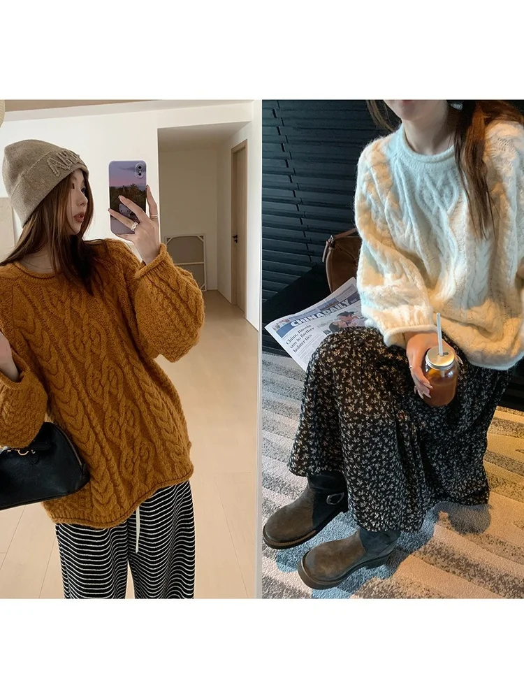 

Женский вязаный свитер-топ Imxiang из верблюжьей шерсти с цветочным узором, с отворотами, из тонкой пряжи, свободного кроя, для осени и зимы, повседневный стиль