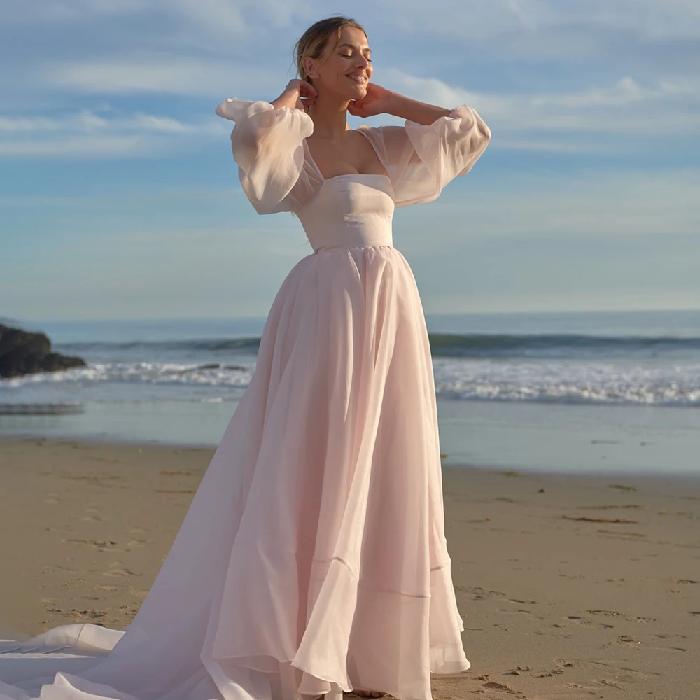 Vestido de boda de Organza de corte A con cuello cuadrado, botones hechos A medida, talla grande, longitud Irregular, para playa y novia