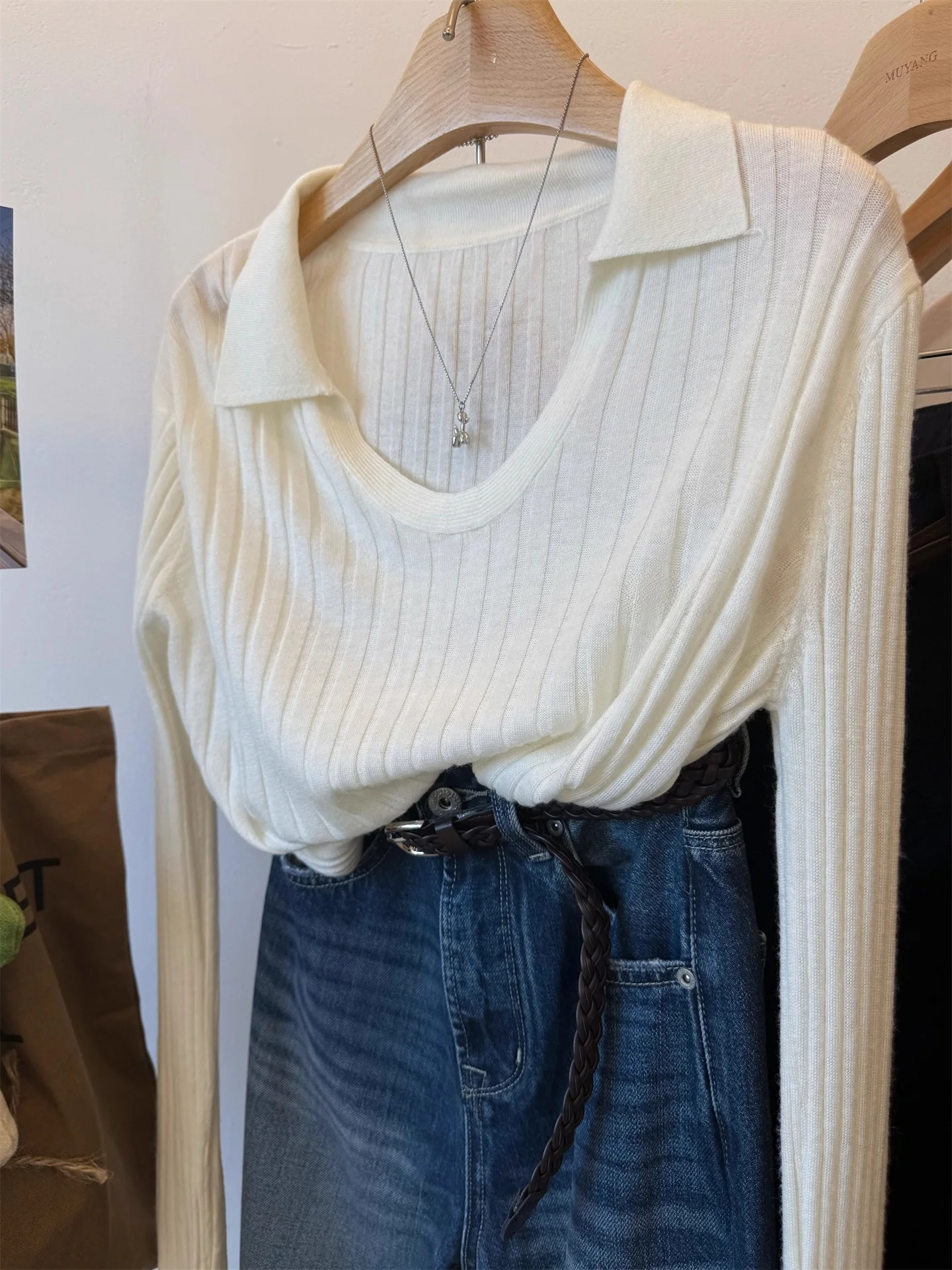 

Slim Fit Long Sve U-Ne Knitwear Women's Turn-down Collar Knitted Top Autumn Commute Sle Regular Fit Color