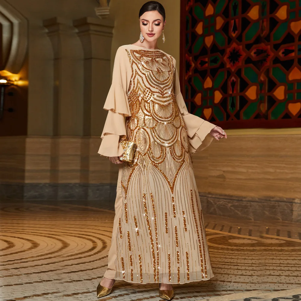 Lotus Leaf Sleeve Robe Caftan Sequined Y2K Gold Luxury Abaya Muslim Dress Women Multi-Layer Embroidered Dress Robe Abaya