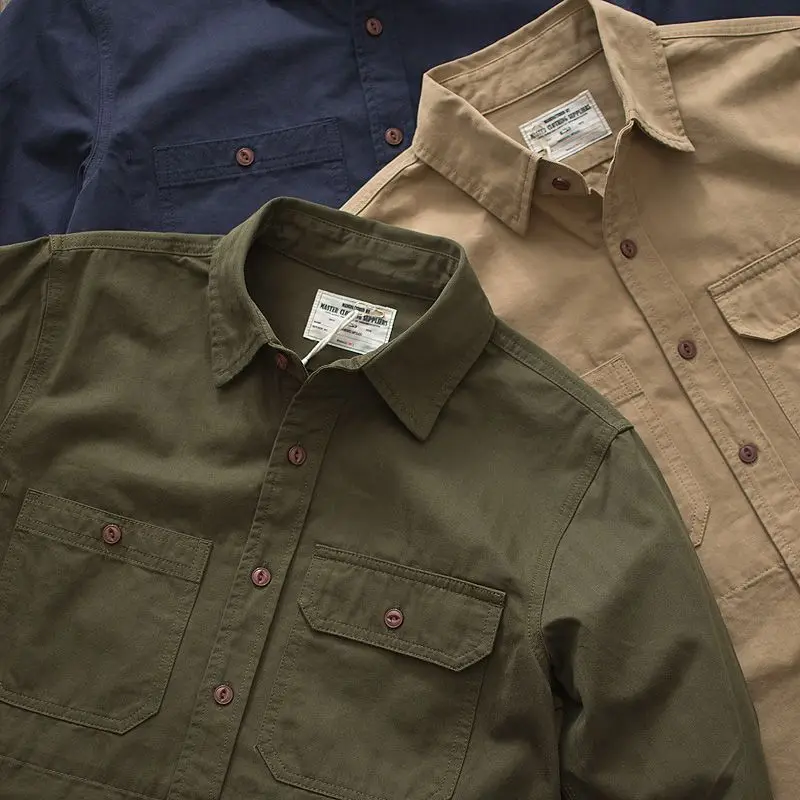 

Ретро-рубашка в американском стиле с эффектом потертости, повседневная, с длинным рукавом, однотонная, осенняя, рабочая, свободного кроя, на пуговицах, из полиэфирного волокна