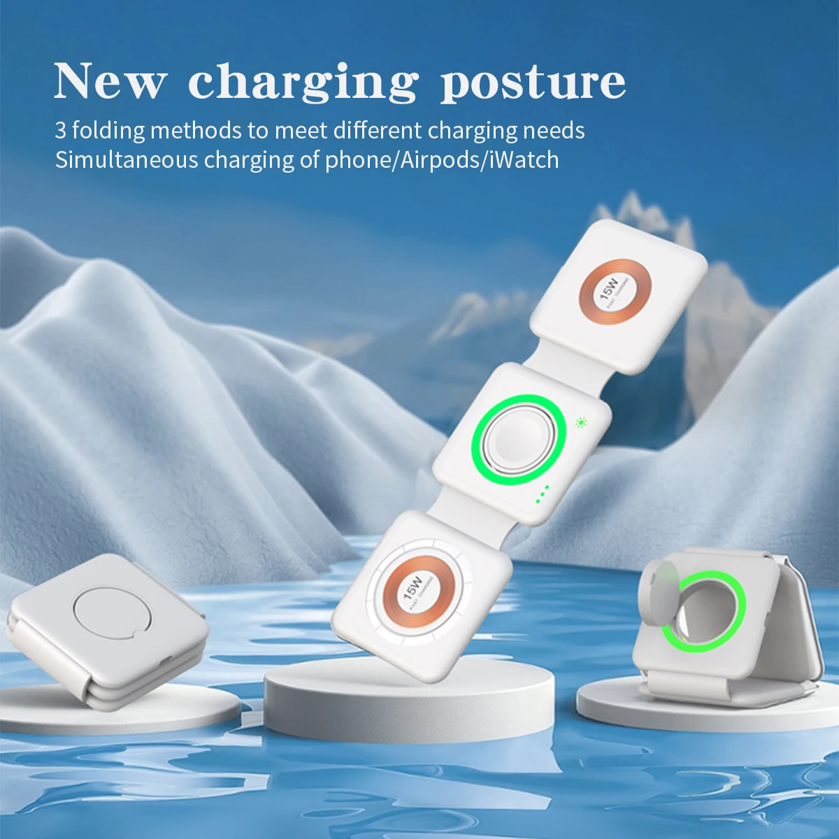 Cargador inalámbrico plegable magnético 3 en 1, cargador multifuncional portátil para auriculares, relojes, teléfonos móviles