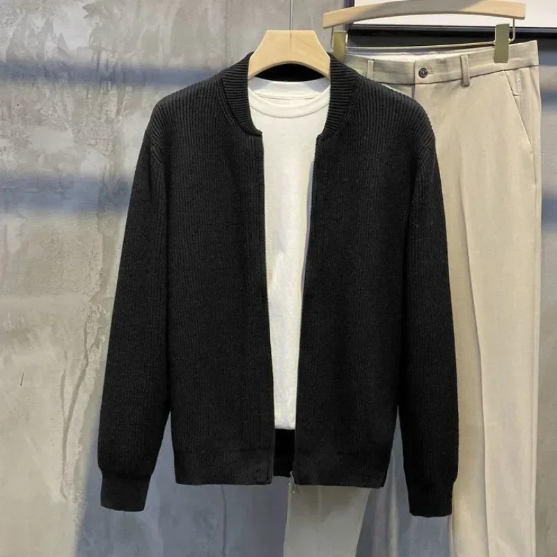 Gebreid vest voor heren Warme dubbele ritssluiting Pit Stripe Slim Fit trui Casual veelzijdige trend trui met honkbalkraag