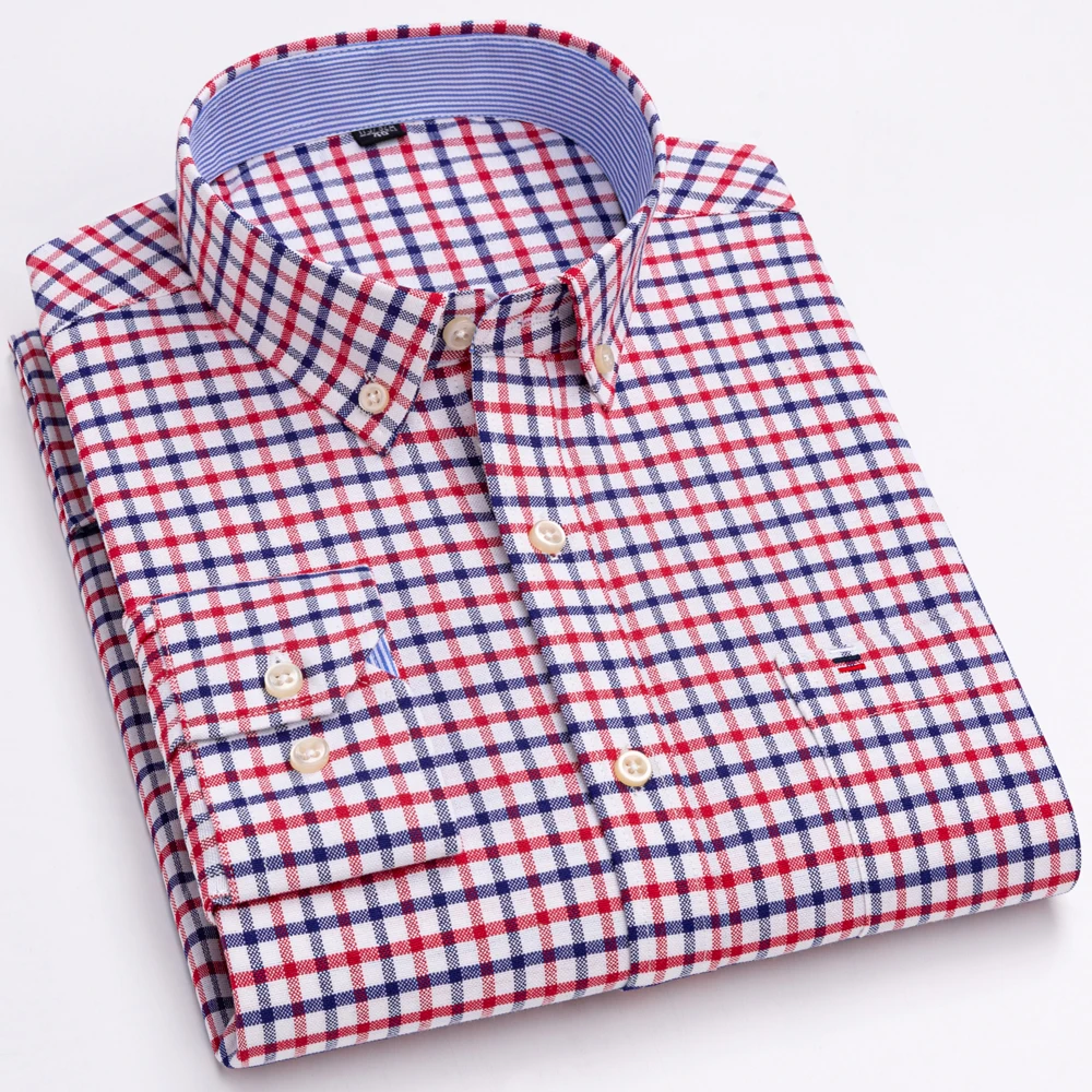 

Men's Versatile Casual Checkered Oxford Cotton Shirts Single Pocket Long Sleeve Standard-fit Button Down Gingham Striped Shirt