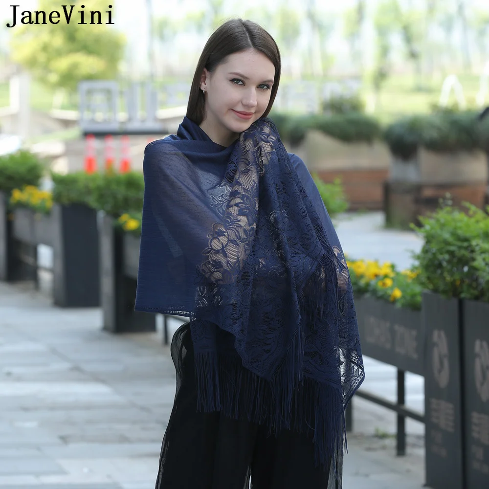 

JaneVini Navy Lace Shawl for Women Wedding Bolero Summer Tassel Soft Fabric Bride Bridesmaid Evening Party Capes Wraps Stoles