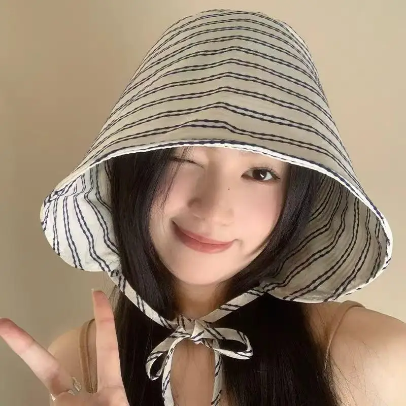 Womens Wide Brim Fisherman Hat Foldable Sun Protection Bucket Cap With Stripes For Holiday Outdoor Use