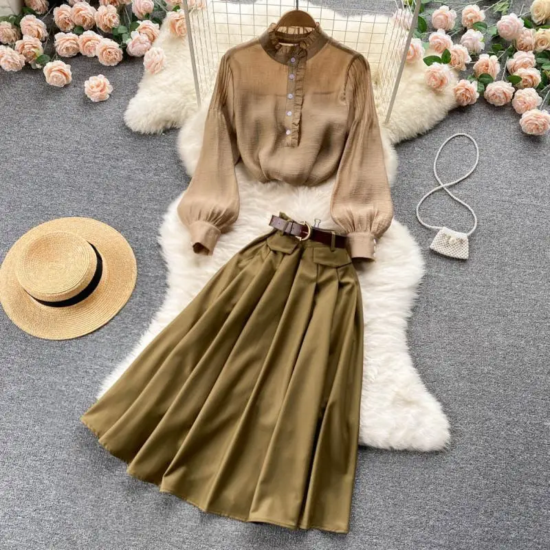 Herfst Nieuwe Dameskleding Retro Zachte Stijl Franse Shirt Rok Pendelen Elegant Temperament Mode Set Tweedelige Rok Set