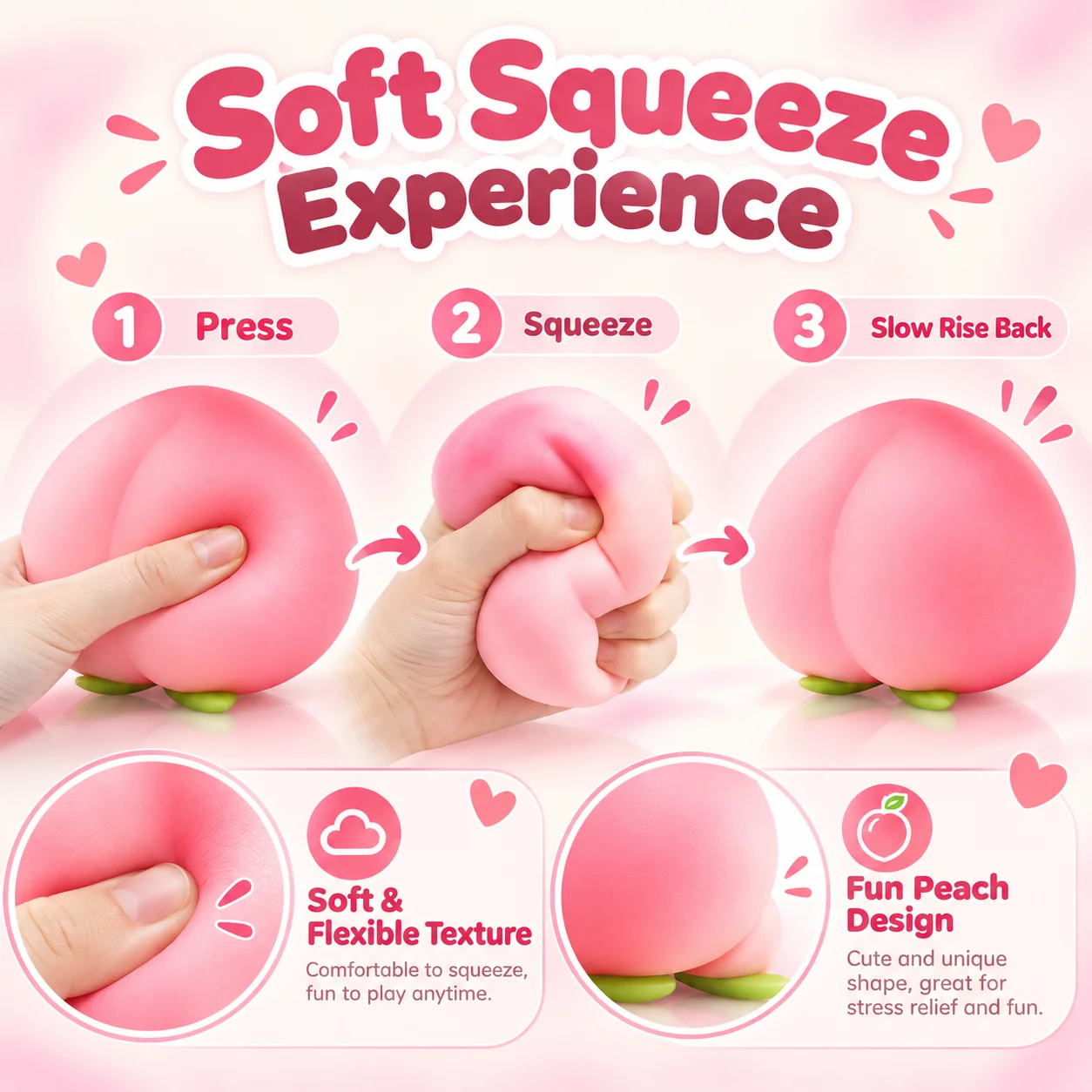 Peach Squishy Fidget Toy, Cute Fruit Design Soft Squeeze Sensory Toy for Kids Adults Desk Decor Stress Relief Gift