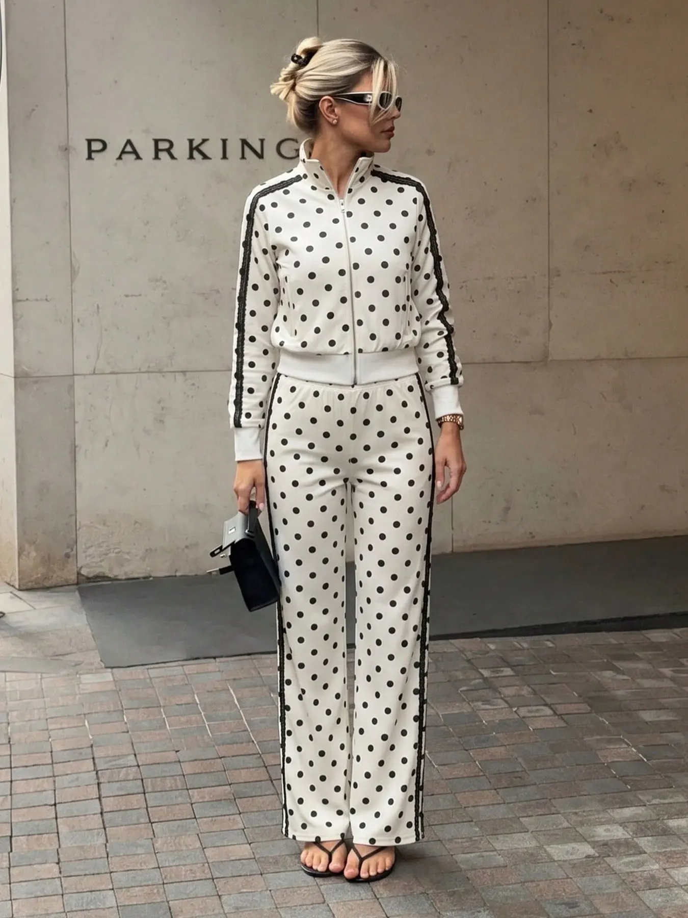 HH Women Polka Dot Pants Suits Long Sleeve Zipper Jacket Coat Elastic Waist Trousers Casual Commuting Street Sport 2 Piece Set