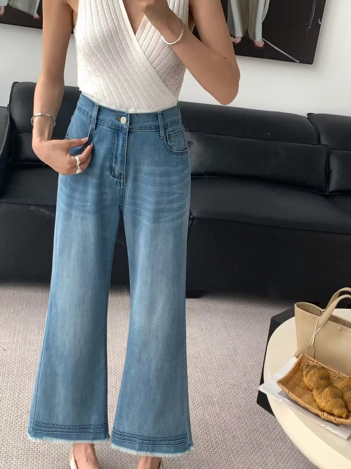 

plus Size Women's High Waist Wide Leg Jeans Spring Summer Korean Style Loose Fit Flared Pants Draping Slimming Effect