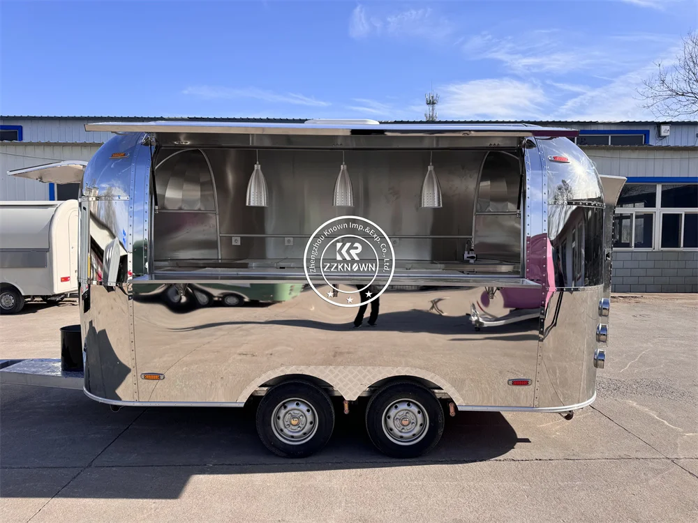 Street Food Trailer Hot Dog Cart Stainless Steel Airstream Fast Food Truck Mobile Kitchen Fully Equipped Ice Cream Kiosk