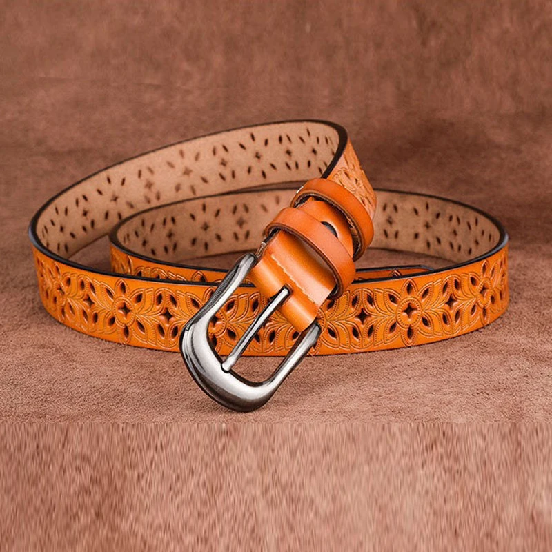 Ceinture en cuir véritable à motif creux pour femme, ceinture tendance pour femme, ceinture vintage avec broche, sangle pour jean, nouveau, 115cm