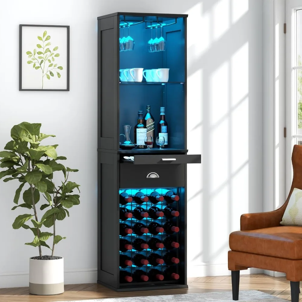 Wine Bar Cabinet with LED Lights, 65'' Tall Coffee Bar Cabinet with 24 Wine Rack & Glass Holder, Kitchen Storage with Tray & Dr