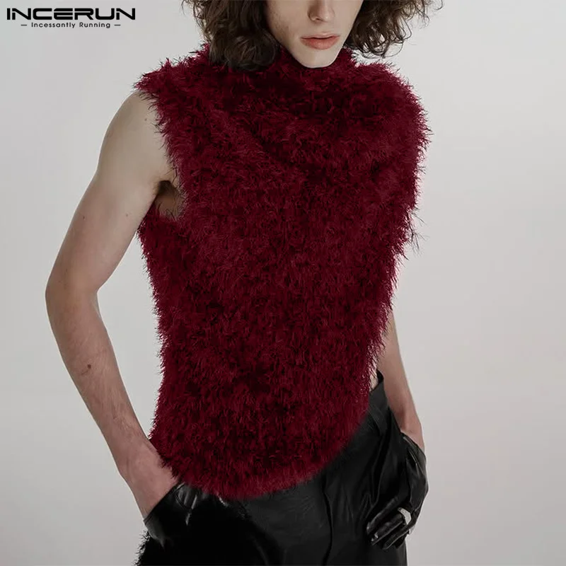 INCERUN Handsome Men's Tops Stylish Irregular Plush Vests Casual City Walk Male Solid Color Sleeveless High Neck Tank Tops S-5XL