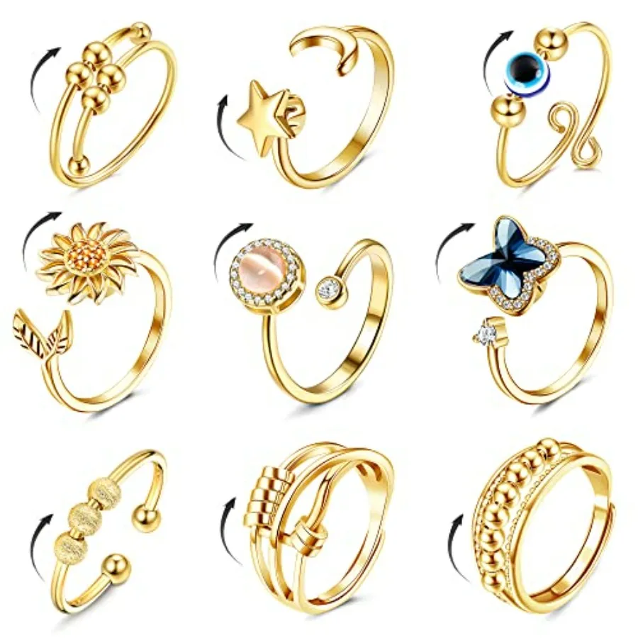 

9 Pcs Fidget Anxiety Rings for Women Men Spinner Rings for Anxiety Relieving Stress Open CZ Flower Moon Star Anti Rotatable Rin