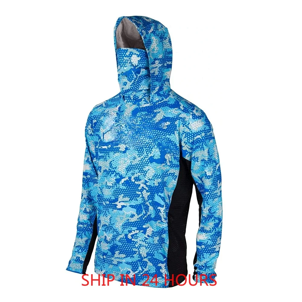Camisas de pesca upf 50 manga longa com capuz capa facial camisa pesca secagem rápida topos proteção uv pesca máscara facial roupas